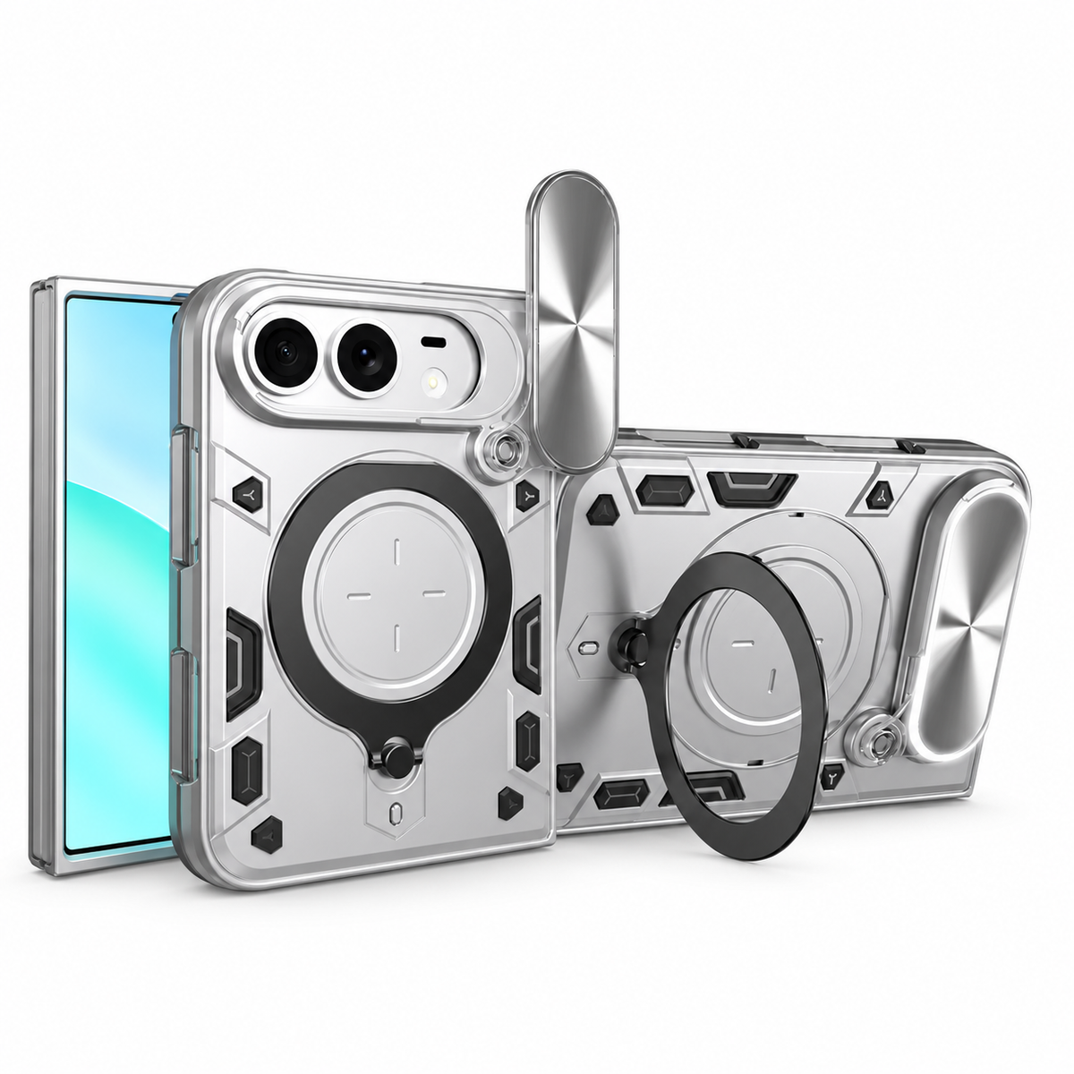 Premium iPhone Case Magnetic Ring Holder Foldable Armor Slide Camera Protector Shockproof PC TPU Heavy Duty Dual Layer Protective Cover Kickstand Case