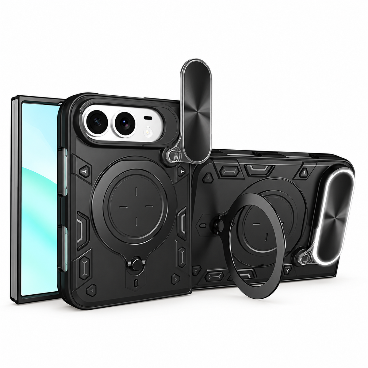 Premium iPhone Case Magnetic Ring Holder Foldable Armor Slide Camera Protector Shockproof PC TPU Heavy Duty Dual Layer Protective Cover Kickstand Case