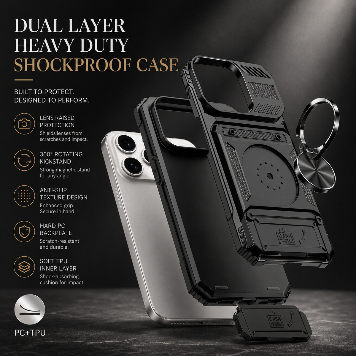 Premium iPhone Case Magnetic Rotating Ring Kickstand Wallet Card Holder Heavy Duty Shockproof PC TPU Dual Layer Anti Drop Protective Armor Cover
