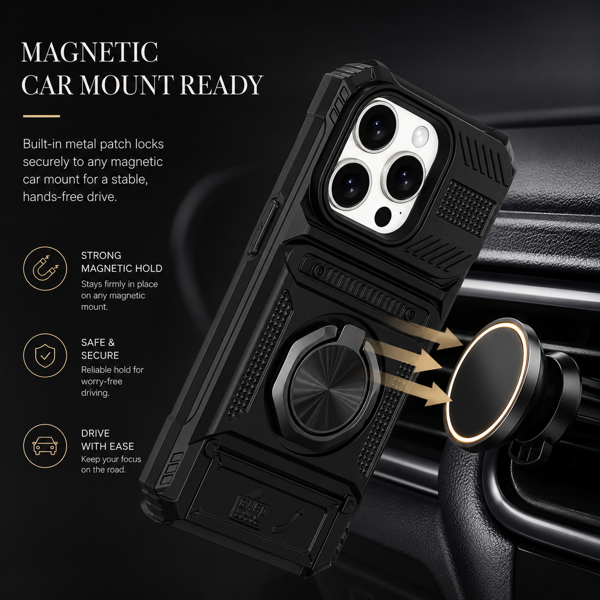 Premium iPhone Case Magnetic Rotating Ring Kickstand Wallet Card Holder Heavy Duty Shockproof PC TPU Dual Layer Anti Drop Protective Armor Cover