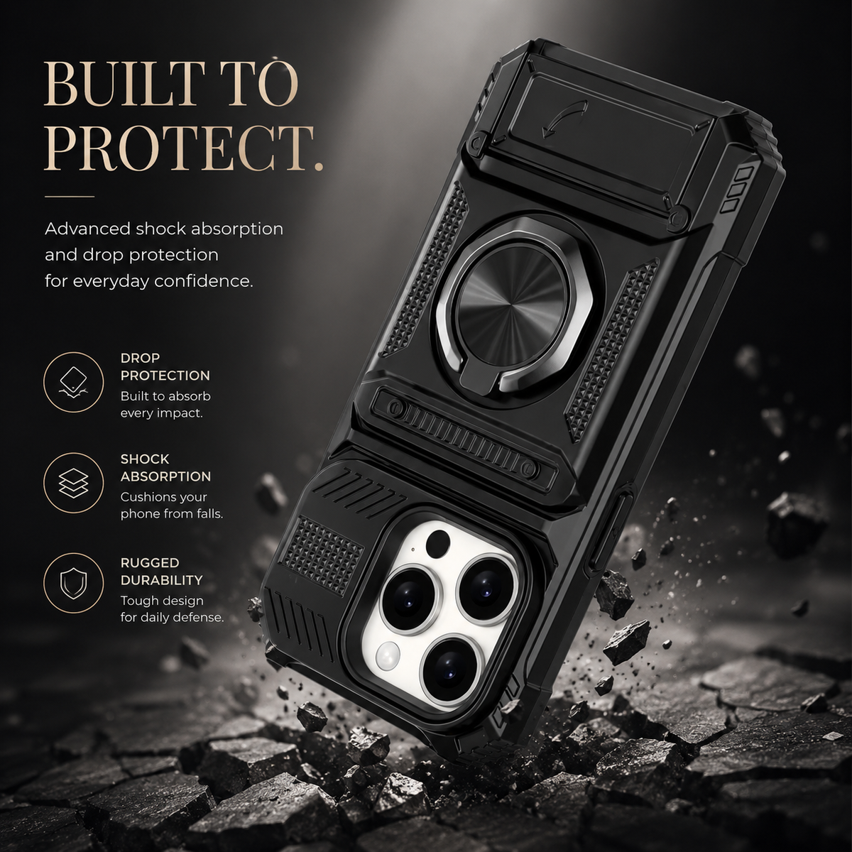 Premium iPhone Case Magnetic Rotating Ring Kickstand Wallet Card Holder Heavy Duty Shockproof PC TPU Dual Layer Anti Drop Protective Armor Cover