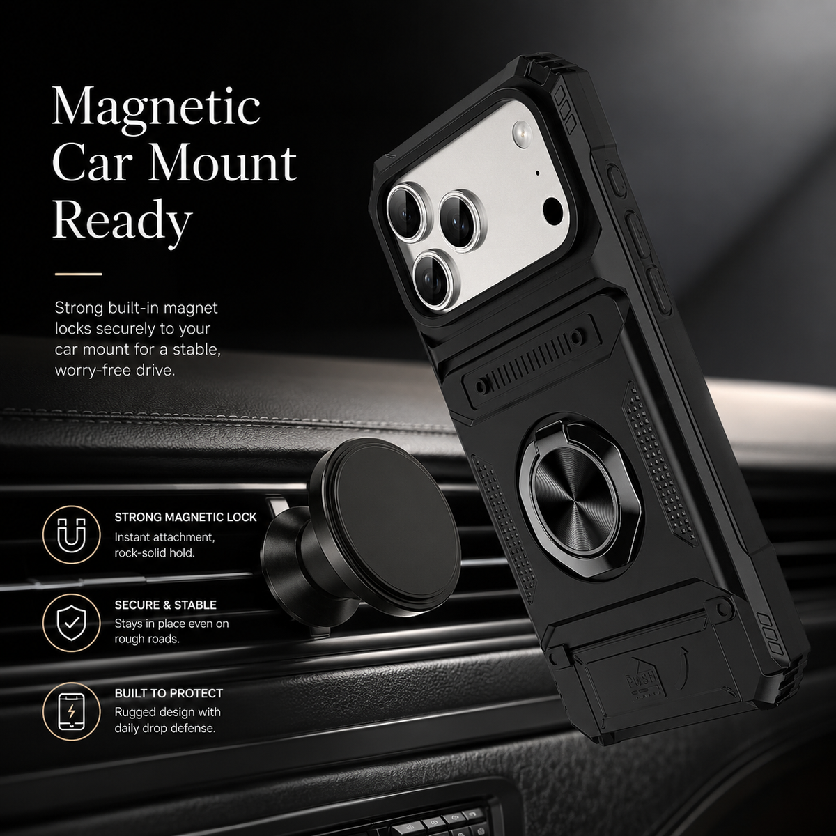 Premium iPhone Case Magnetic Rotating Ring Kickstand Wallet Card Holder Heavy Duty Shockproof PC TPU Dual Layer Anti Drop Protective Armor Cover
