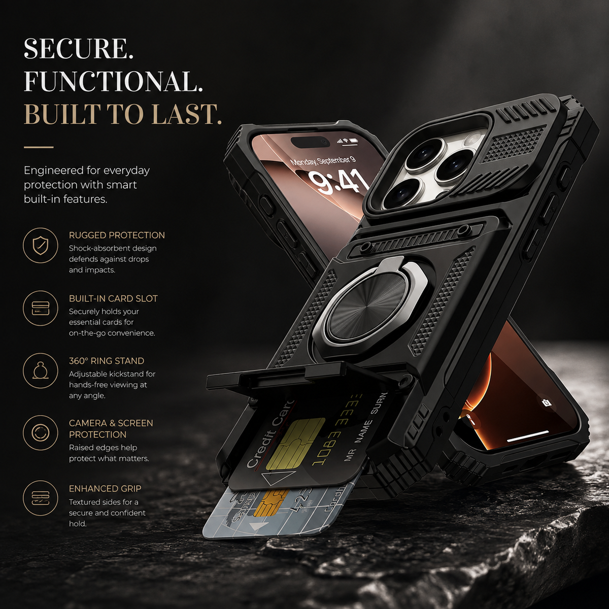 Premium iPhone Case Magnetic Rotating Ring Kickstand Wallet Card Holder Heavy Duty Shockproof PC TPU Dual Layer Anti Drop Protective Armor Cover