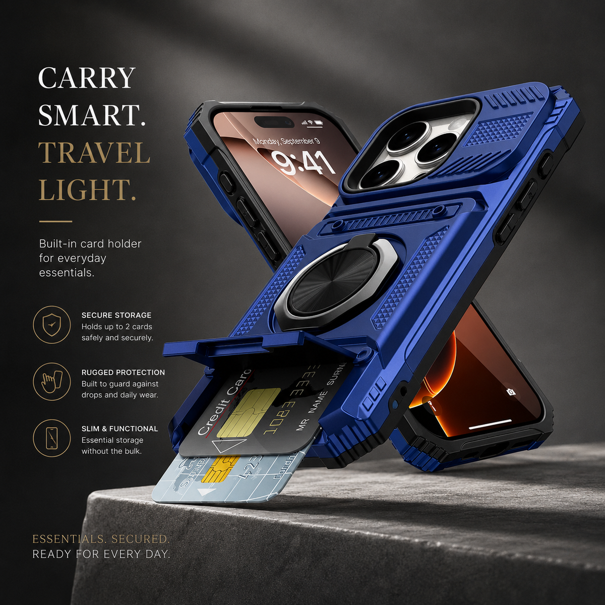 Premium iPhone Case Magnetic Rotating Ring Kickstand Wallet Card Holder Heavy Duty Shockproof PC TPU Dual Layer Anti Drop Protective Armor Cover