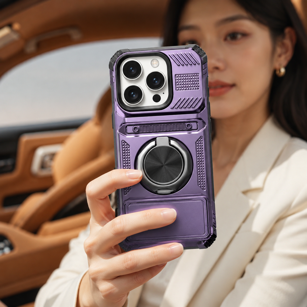 Premium iPhone Case Magnetic Rotating Ring Kickstand Wallet Card Holder Heavy Duty Shockproof PC TPU Dual Layer Anti Drop Protective Armor Cover