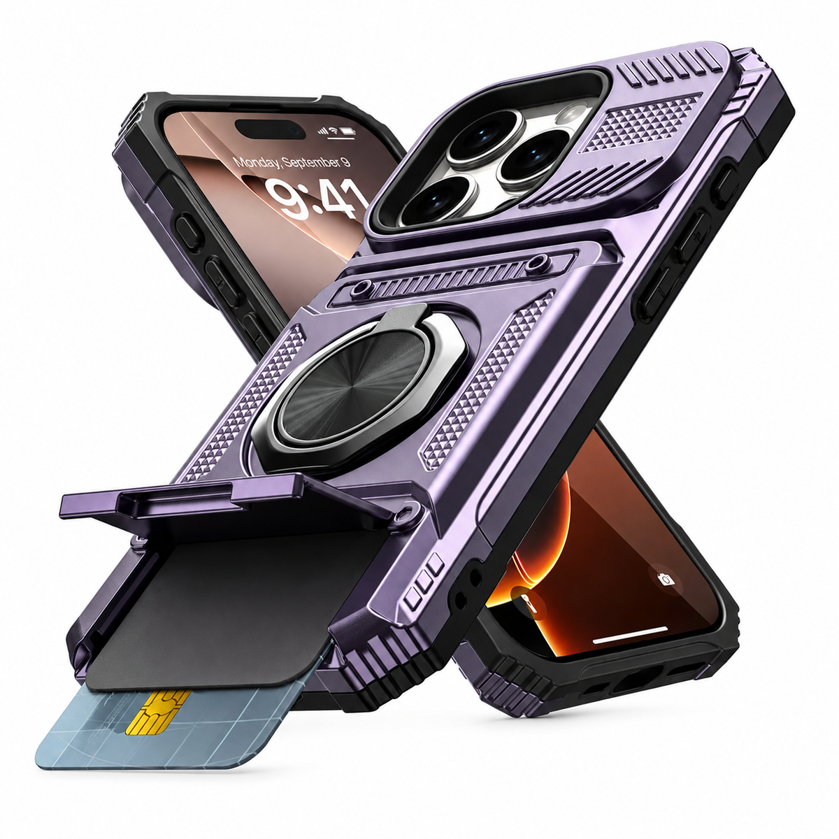 Premium iPhone Case Magnetic Rotating Ring Kickstand Wallet Card Holder Heavy Duty Shockproof PC TPU Dual Layer Anti Drop Protective Armor Cover