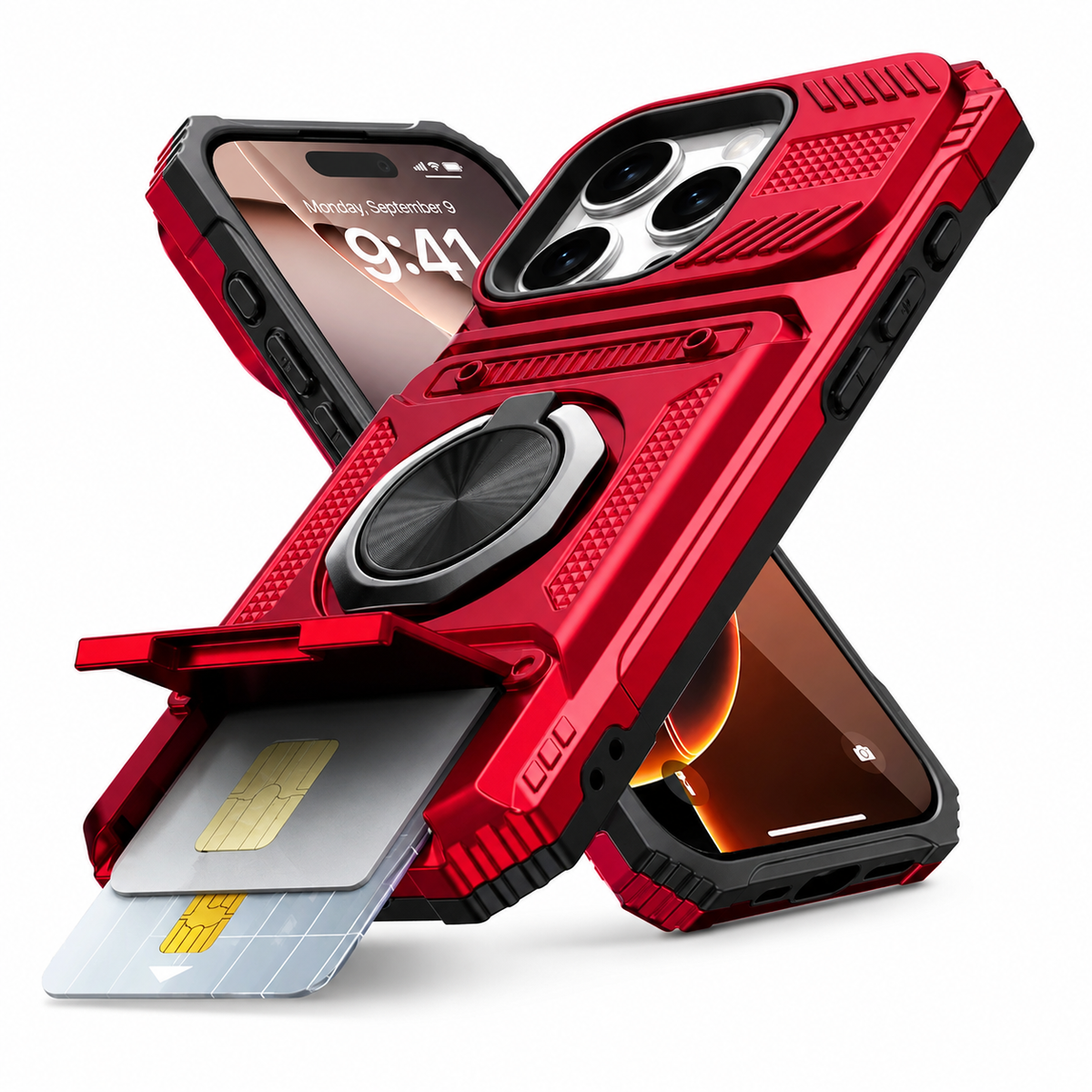 Premium iPhone Case Magnetic Rotating Ring Kickstand Wallet Card Holder Heavy Duty Shockproof PC TPU Dual Layer Anti Drop Protective Armor Cover