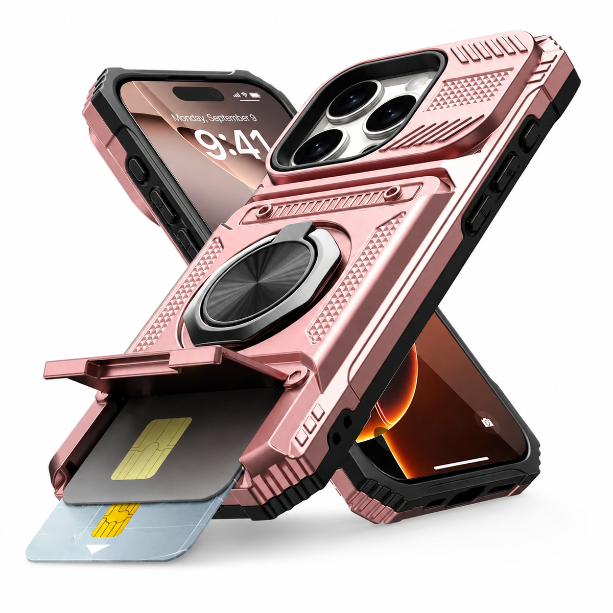Premium iPhone Case Magnetic Rotating Ring Kickstand Wallet Card Holder Heavy Duty Shockproof PC TPU Dual Layer Anti Drop Protective Armor Cover