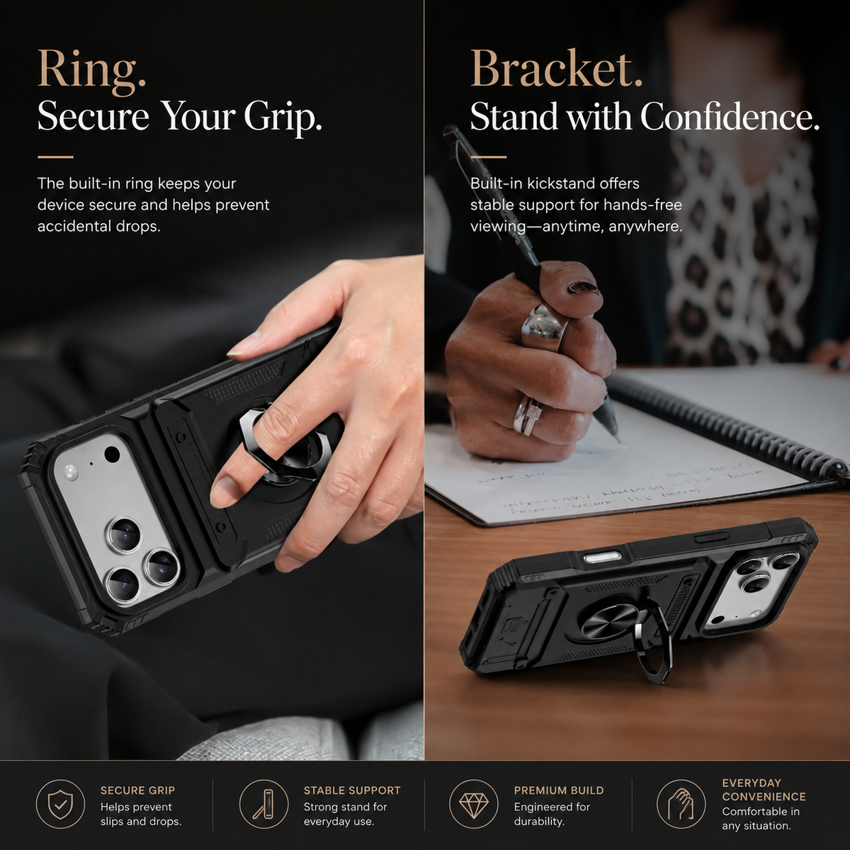 Premium iPhone Case Magnetic Rotating Ring Kickstand Wallet Card Holder Heavy Duty Shockproof PC TPU Dual Layer Anti Drop Protective Armor Cover