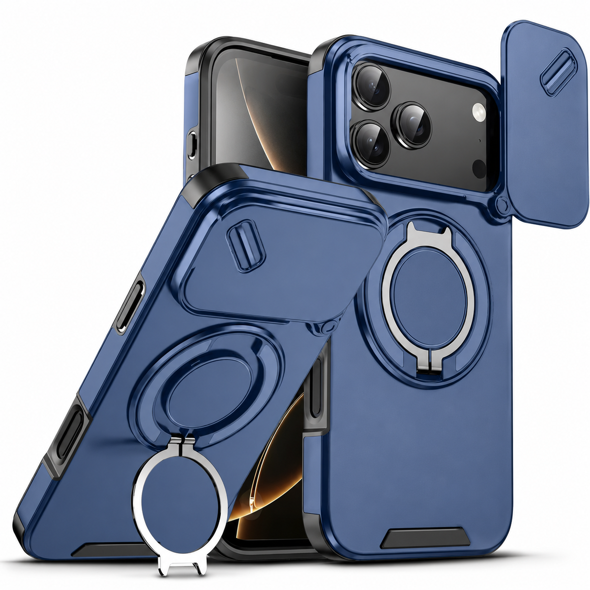 Premium iPhone Case Magnetic Rugged Armor Shockproof Protective Cover Ring Kickstand Camera Lens Protection PC TPU Metal Anti Slip Reinforced Full Coverage