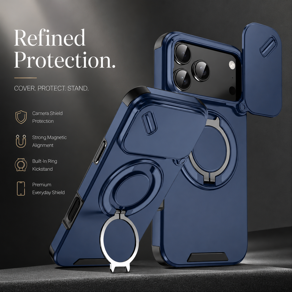 Premium iPhone Case Magnetic Rugged Armor Shockproof Protective Cover Ring Kickstand Camera Lens Protection PC TPU Metal Anti Slip Reinforced Full Coverage