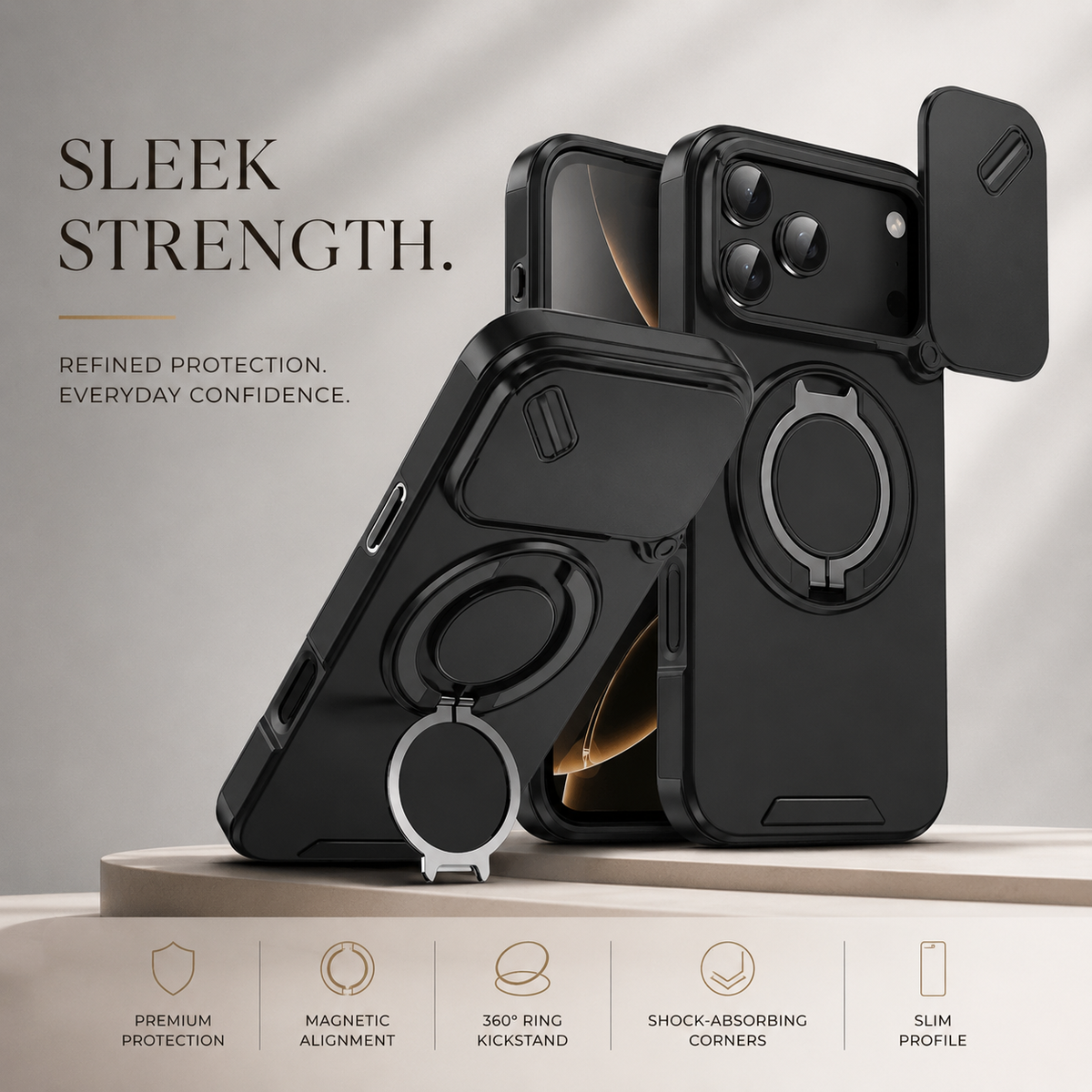 Premium iPhone Case Magnetic Rugged Armor Shockproof Protective Cover Ring Kickstand Camera Lens Protection PC TPU Metal Anti Slip Reinforced Full Coverage