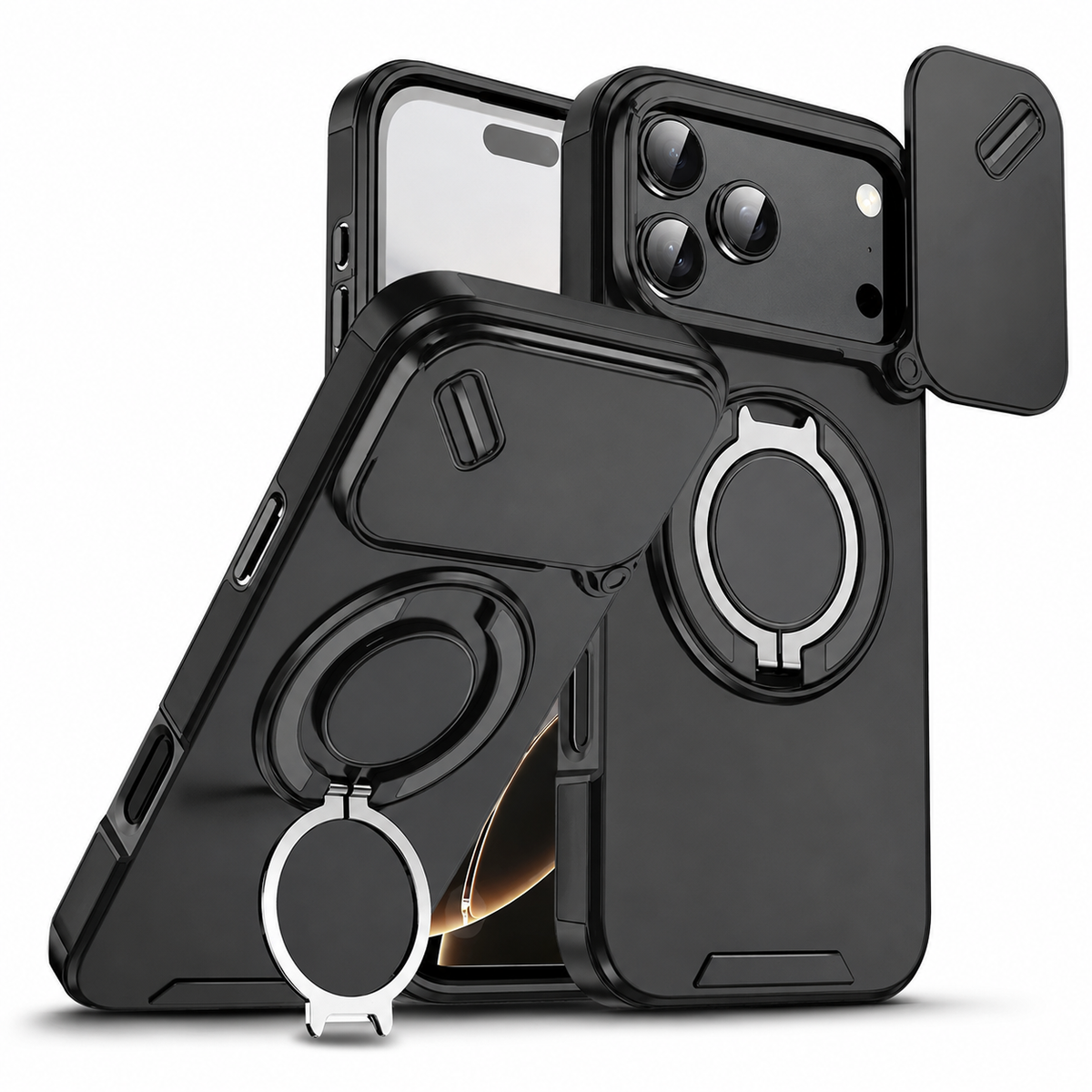 Premium iPhone Case Magnetic Rugged Armor Shockproof Protective Cover Ring Kickstand Camera Lens Protection PC TPU Metal Anti Slip Reinforced Full Coverage
