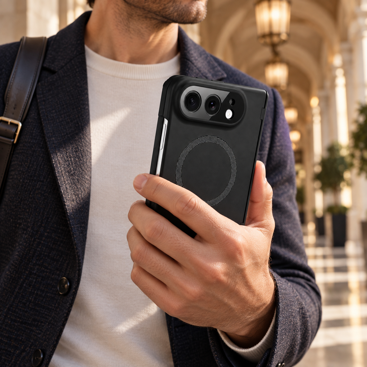 Premium iPhone Case Magnetic Spring Hinge Shockproof Hard PC Tempered Glass Screen Protector Anti Scratch Tough Foldable Protective Flip Cover Case