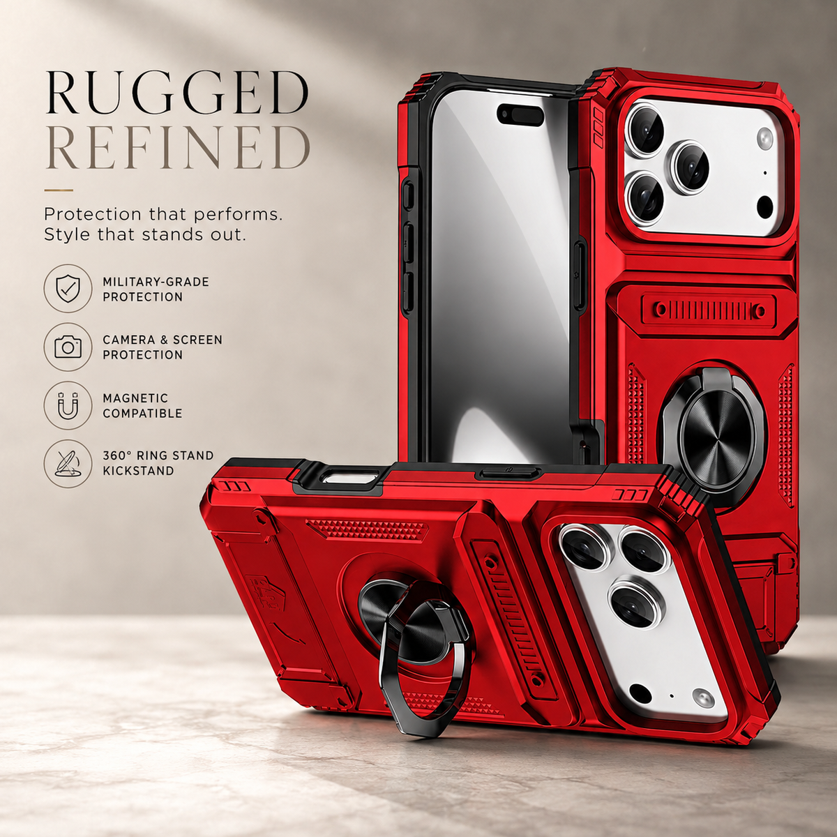 Premium iPhone Case Magnetic Wallet Cover Rotating Ring Kickstand Heavy Duty Drop Protection Card Holder Shockproof Camera Lens Guard Slim Design