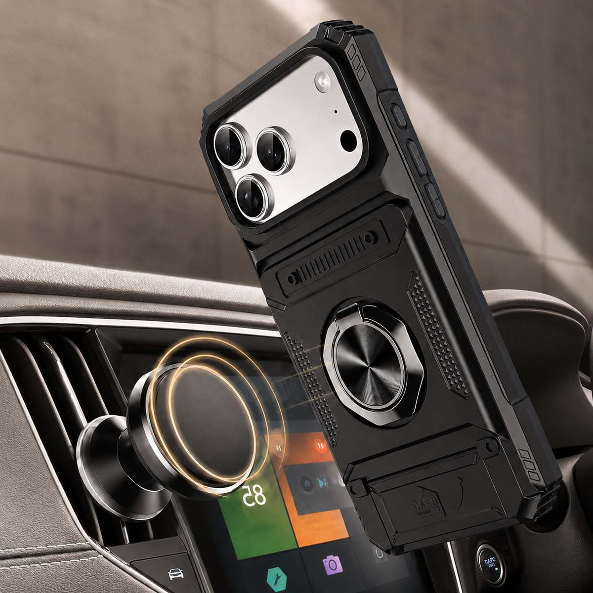 Premium iPhone Case Magnetic Wallet Cover Rotating Ring Kickstand Heavy Duty Drop Protection Card Holder Shockproof Camera Lens Guard Slim Design