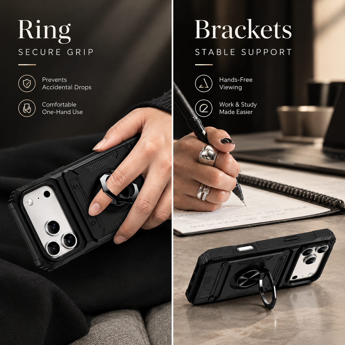 Premium iPhone Case Magnetic Wallet Cover Rotating Ring Kickstand Heavy Duty Drop Protection Card Holder Shockproof Camera Lens Guard Slim Design
