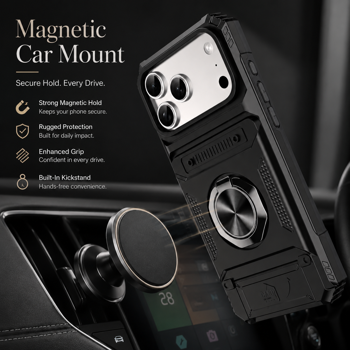 Premium iPhone Case Magnetic Wallet Cover Rotating Ring Kickstand Heavy Duty Drop Protection Card Holder Shockproof Camera Lens Guard Slim Design