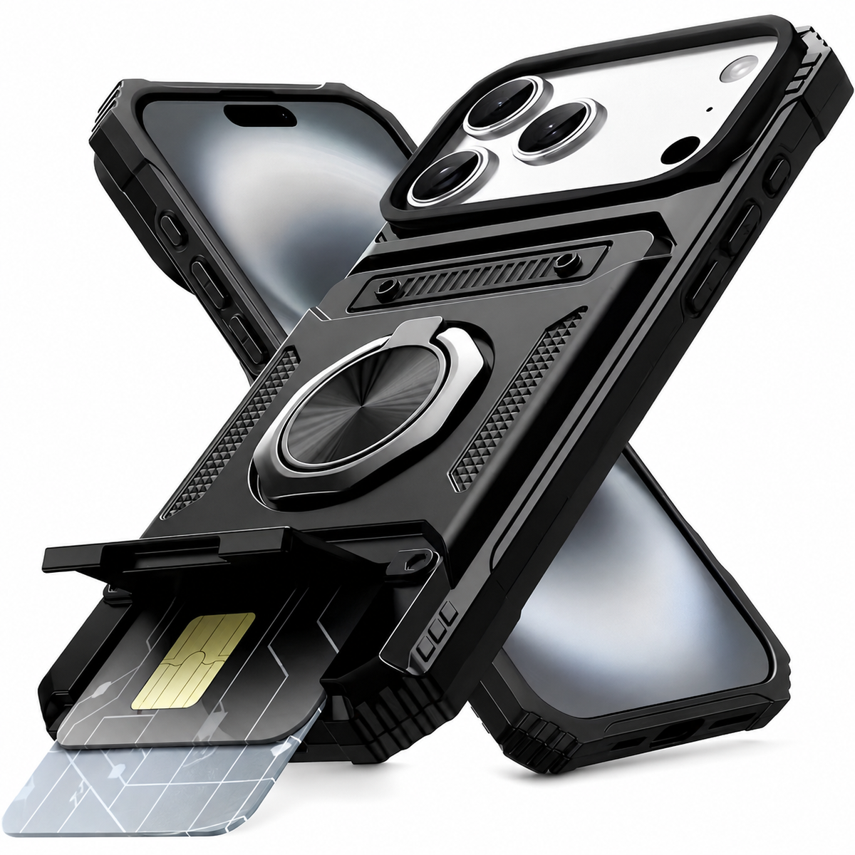 Premium iPhone Case Magnetic Wallet Cover Rotating Ring Kickstand Heavy Duty Drop Protection Card Holder Shockproof Camera Lens Guard Slim Design