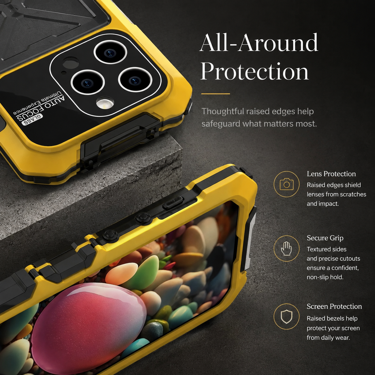 Premium iPhone Case Metal Bumper Shockproof Protective Cover Anti Fall Silicone Bracket Rugged Edge Protection Anti Slip Reinforced Lightweight Grip