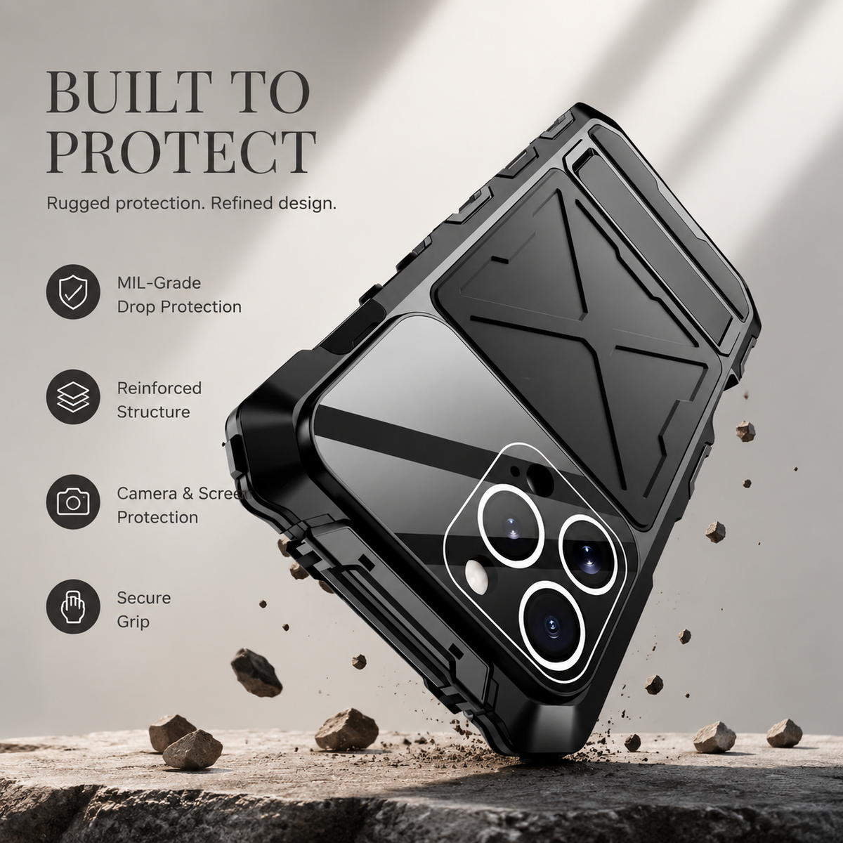Premium iPhone Case Metal Bumper Shockproof Protective Cover Anti Fall Silicone Bracket Rugged Edge Protection Anti Slip Reinforced Lightweight Grip