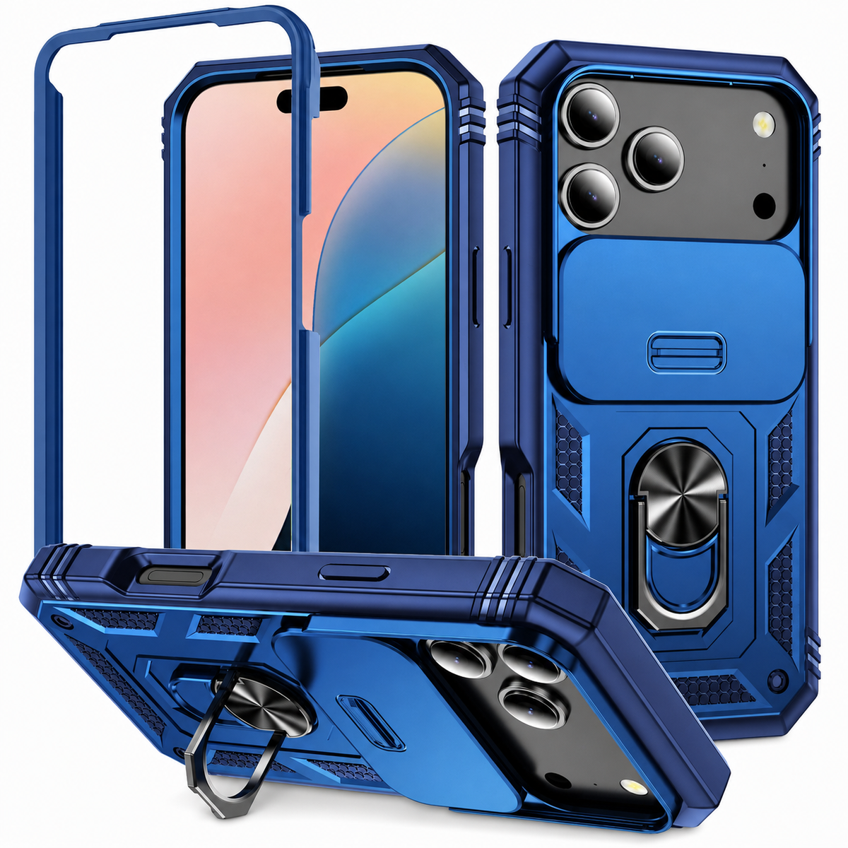 Premium iPhone Case Military Armor Camera Slide Cover 360 Rotating Magnetic Ring Holder Heavy Duty PC TPU Anti Scratch Non Slip Protective Case