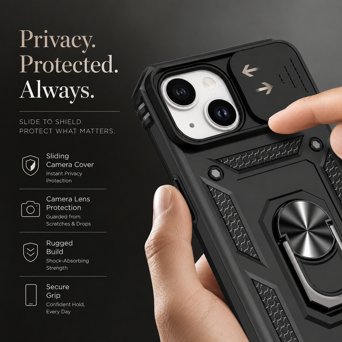 Premium iPhone Case Military Armor Rotating Ring Stand Slide Camera Lens Cover Shockproof Heavy Duty Anti Scratch Non Slip Protective Bumper Case