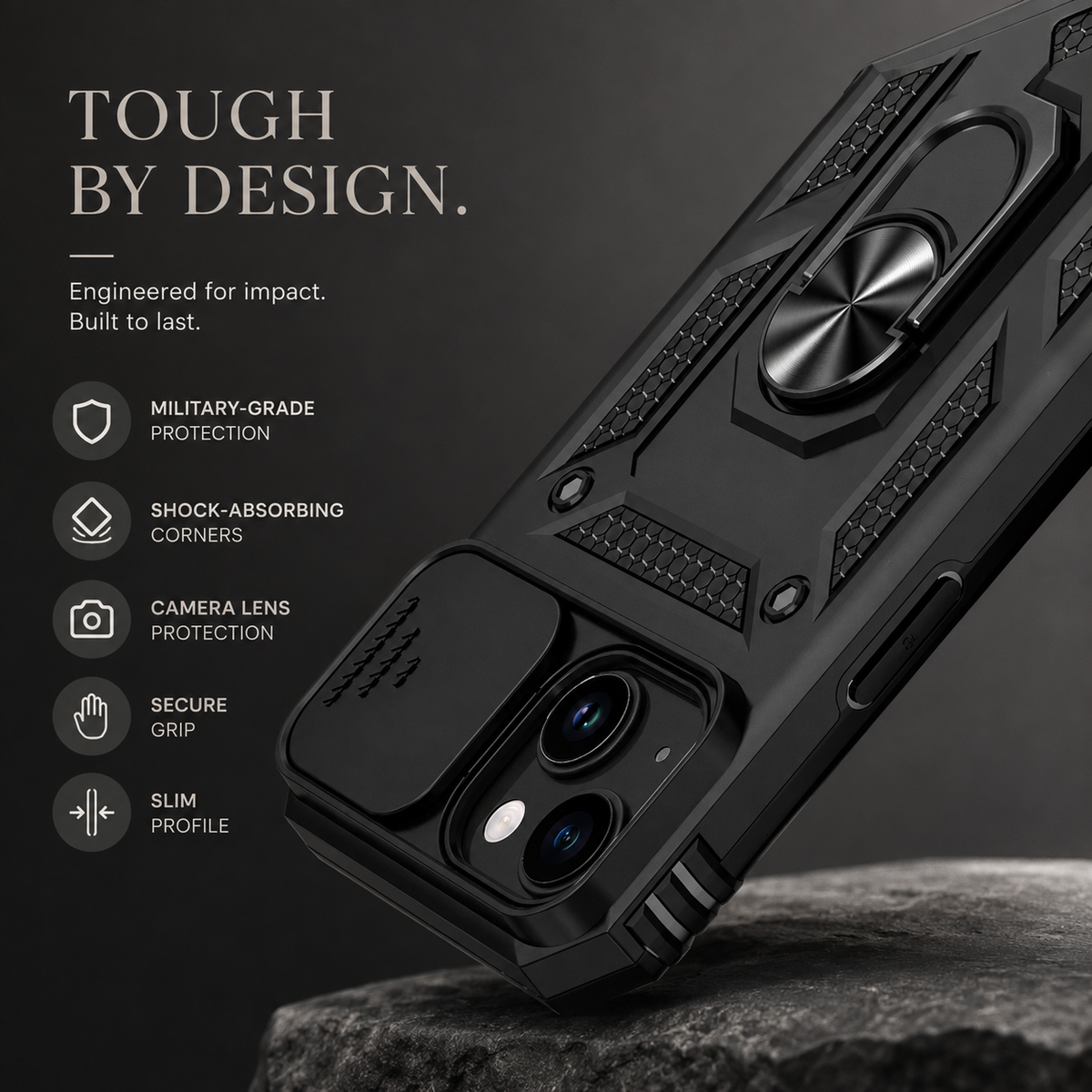 Premium iPhone Case Military Armor Rotating Ring Stand Slide Camera Lens Cover Shockproof Heavy Duty Anti Scratch Non Slip Protective Bumper Case