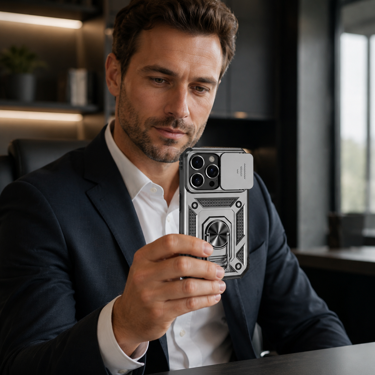 Premium iPhone Case Military Armor Rotating Ring Stand Slide Camera Lens Cover Shockproof Heavy Duty Anti Scratch Non Slip Protective Bumper Case
