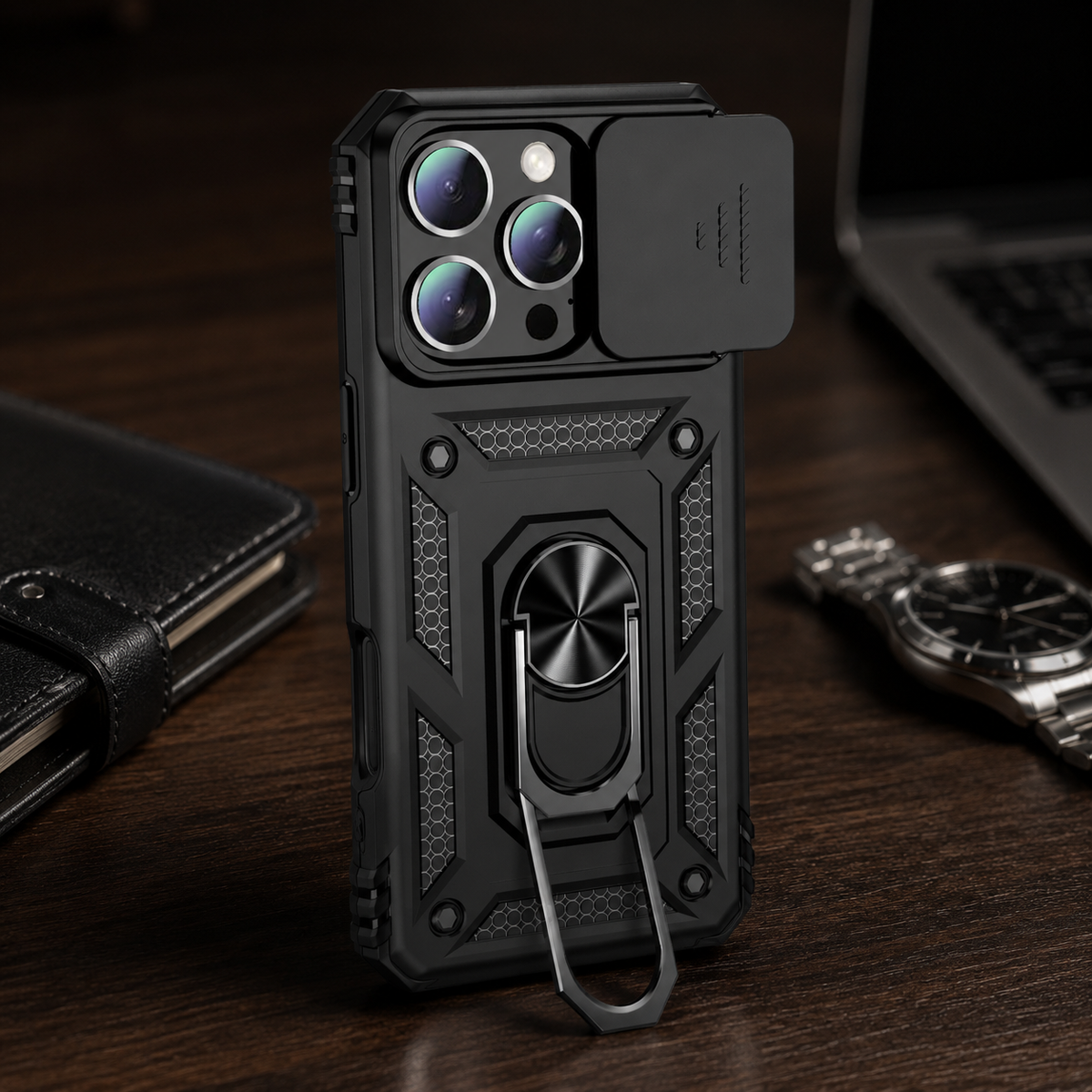 Premium iPhone Case Military Armor Rotating Ring Stand Slide Camera Lens Cover Shockproof Heavy Duty Anti Scratch Non Slip Protective Bumper Case