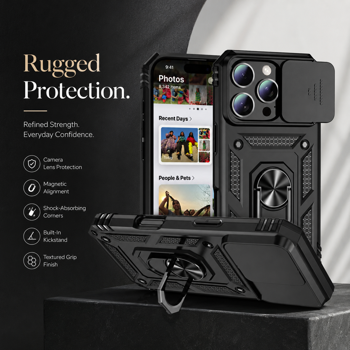 Premium iPhone Case Military Armor Rotating Ring Stand Slide Camera Lens Cover Shockproof Heavy Duty Anti Scratch Non Slip Protective Bumper Case