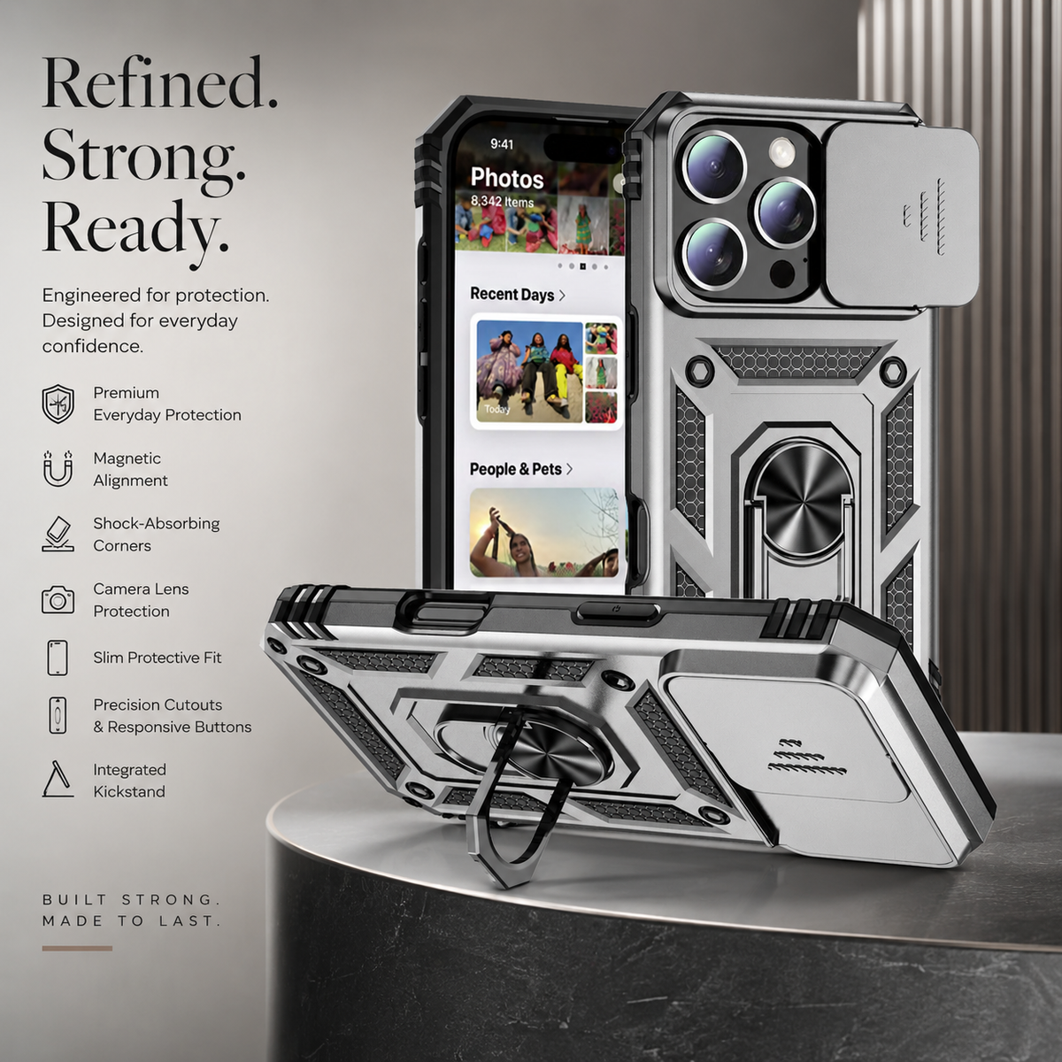 Premium iPhone Case Military Armor Rotating Ring Stand Slide Camera Lens Cover Shockproof Heavy Duty Anti Scratch Non Slip Protective Bumper Case