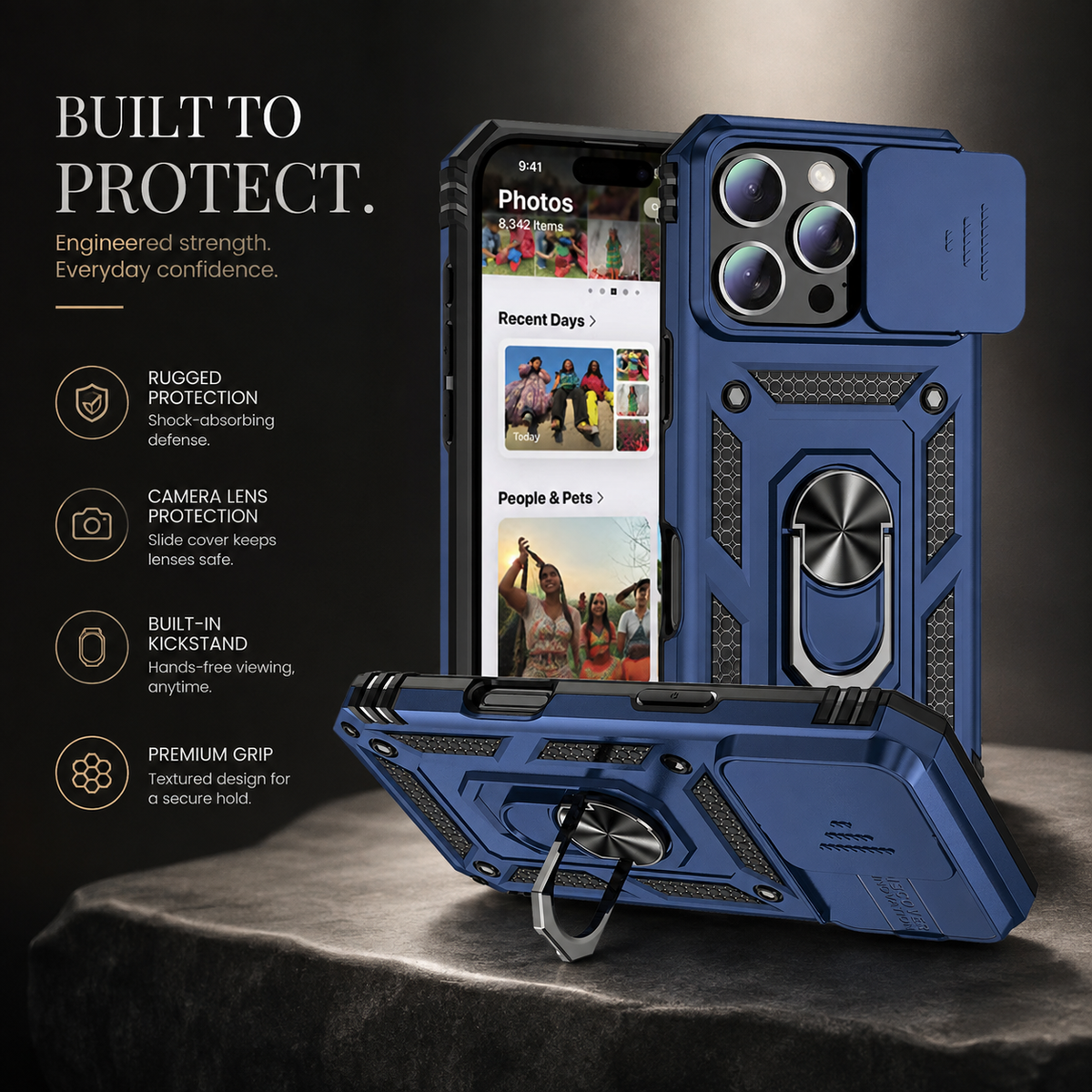 Premium iPhone Case Military Armor Rotating Ring Stand Slide Camera Lens Cover Shockproof Heavy Duty Anti Scratch Non Slip Protective Bumper Case