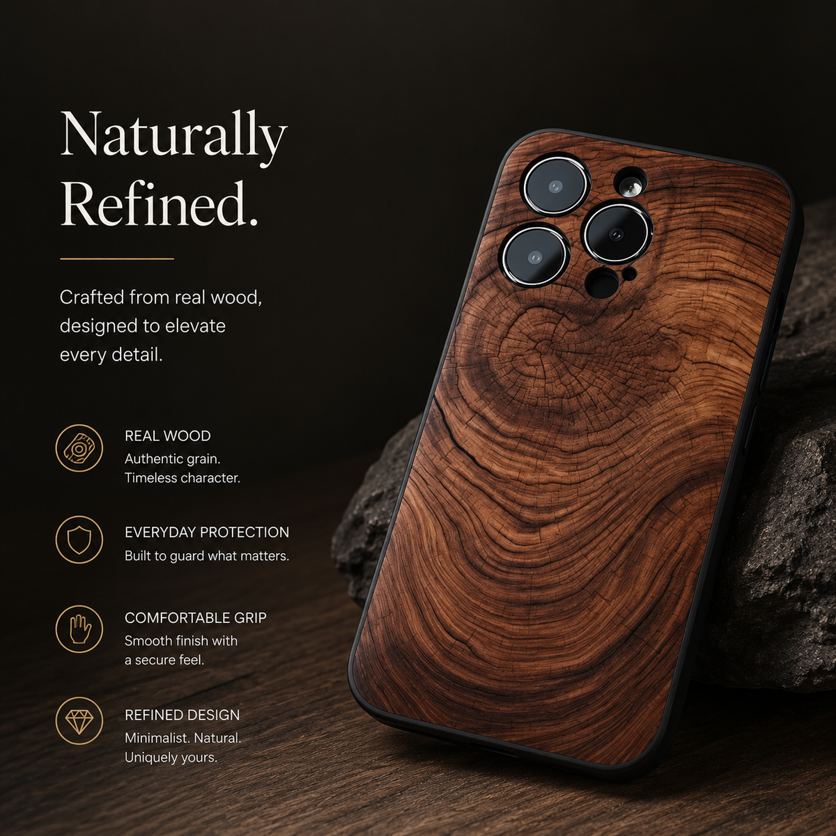 Premium iPhone Case Natural Wood Back Silicone Frame Ultra Thin Protective Cover Shockproof Anti Scratch Slim Lightweight Full Coverage Wooden Design