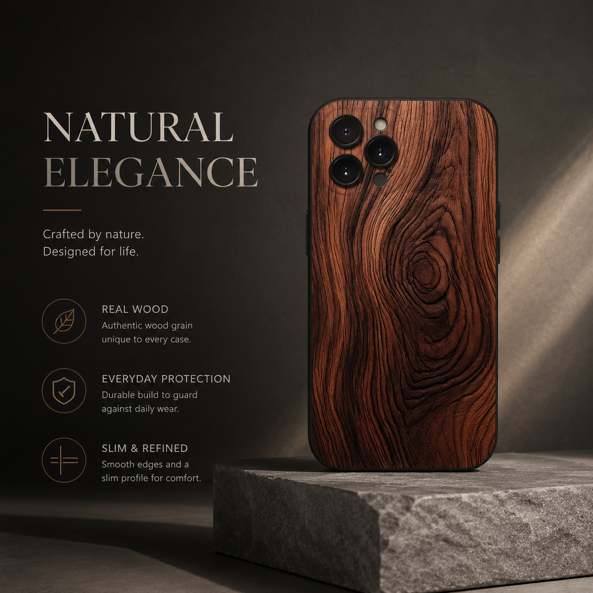 Premium iPhone Case Natural Wood Back Silicone Frame Ultra Thin Protective Cover Shockproof Anti Scratch Slim Lightweight Full Coverage Wooden Design