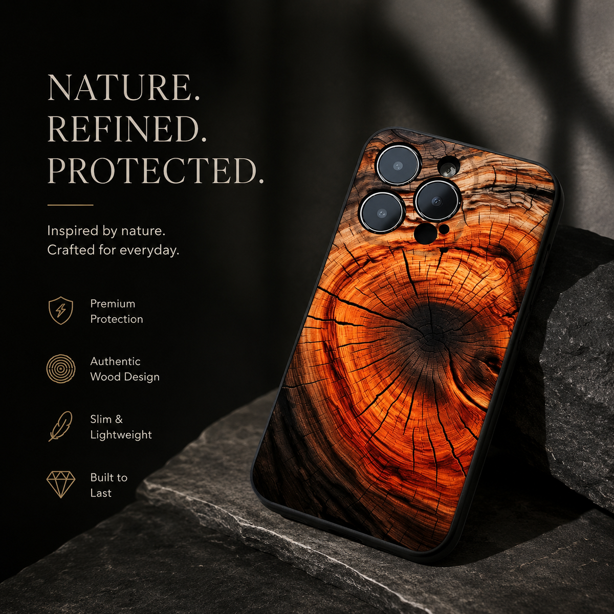 Premium iPhone Case Natural Wood Back Silicone Frame Ultra Thin Protective Cover Shockproof Anti Scratch Slim Lightweight Full Coverage Wooden Design