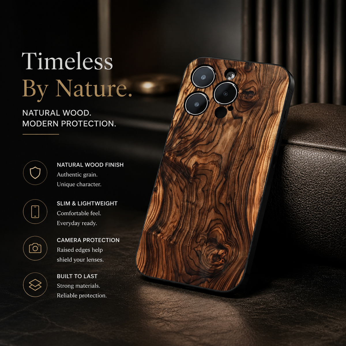 Premium iPhone Case Natural Wood Back Silicone Frame Ultra Thin Protective Cover Shockproof Anti Scratch Slim Lightweight Full Coverage Wooden Design