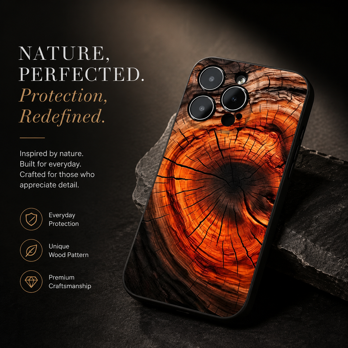 Premium iPhone Case Natural Wood Back Silicone Frame Ultra Thin Protective Cover Shockproof Anti Scratch Slim Lightweight Full Coverage Wooden Design