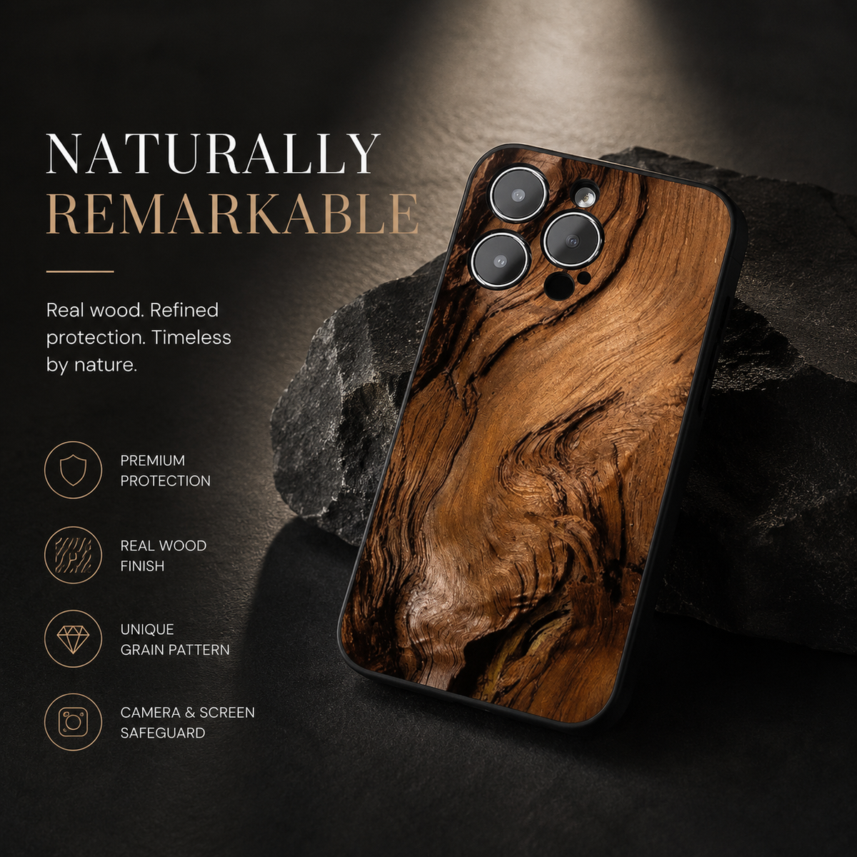 Premium iPhone Case Natural Wood Back Silicone Frame Ultra Thin Protective Cover Shockproof Anti Scratch Slim Lightweight Full Coverage Wooden Design