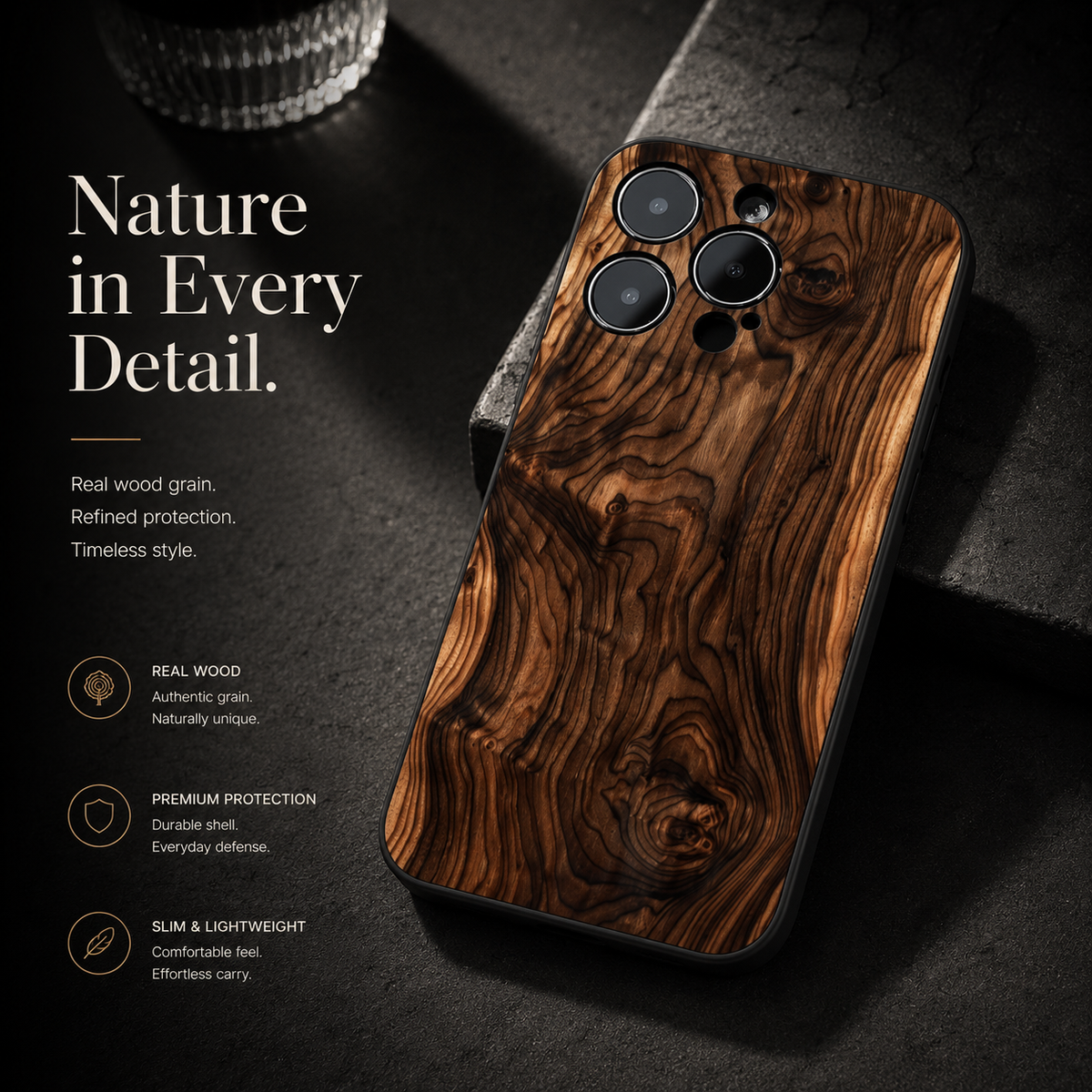 Premium iPhone Case Natural Wood Back Silicone Frame Ultra Thin Protective Cover Shockproof Anti Scratch Slim Lightweight Full Coverage Wooden Design