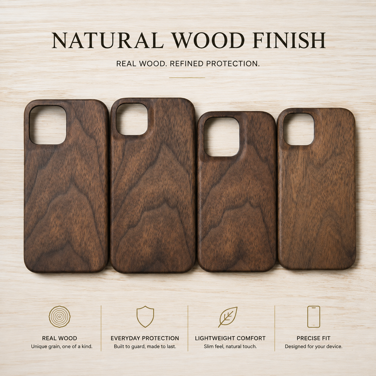Premium iPhone Case Natural Wood Hard Back Protective Cover Walnut Ebony Bamboo Rosewood Anti Scratch Dust Resistant Non Slip Slim Lightweight Minimalist