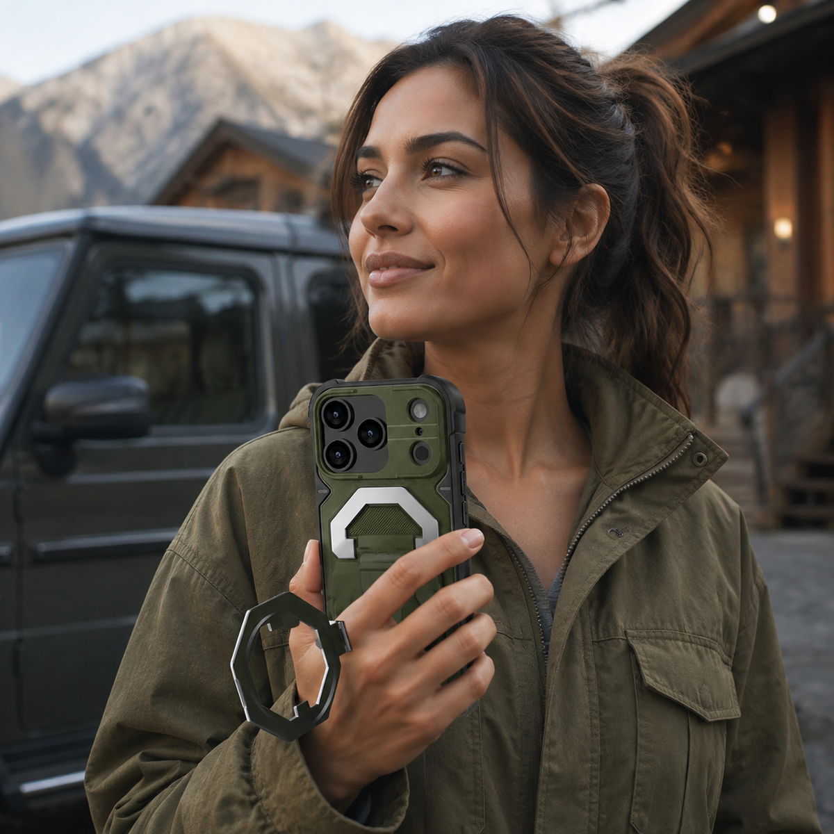 Premium iPhone Case Outdoor Armor Magnetic Metal Bracket Stand Shockproof PC Protective Cover Lanyard Non Slip Heavy Duty Reinforced Sports Bumper Case