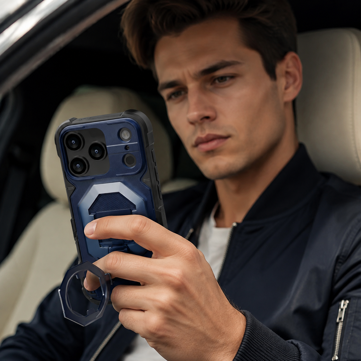 Premium iPhone Case Outdoor Armor Magnetic Metal Bracket Stand Shockproof PC Protective Cover Lanyard Non Slip Heavy Duty Reinforced Sports Bumper Case