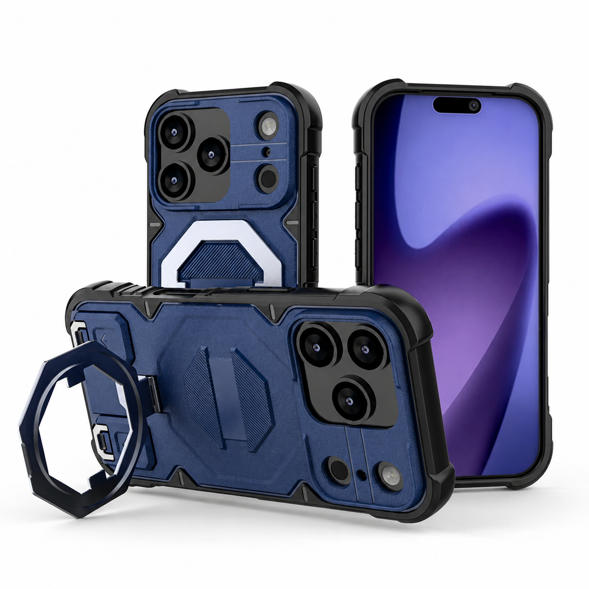 Premium iPhone Case Outdoor Armor Magnetic Metal Bracket Stand Shockproof PC Protective Cover Lanyard Non Slip Heavy Duty Reinforced Sports Bumper Case
