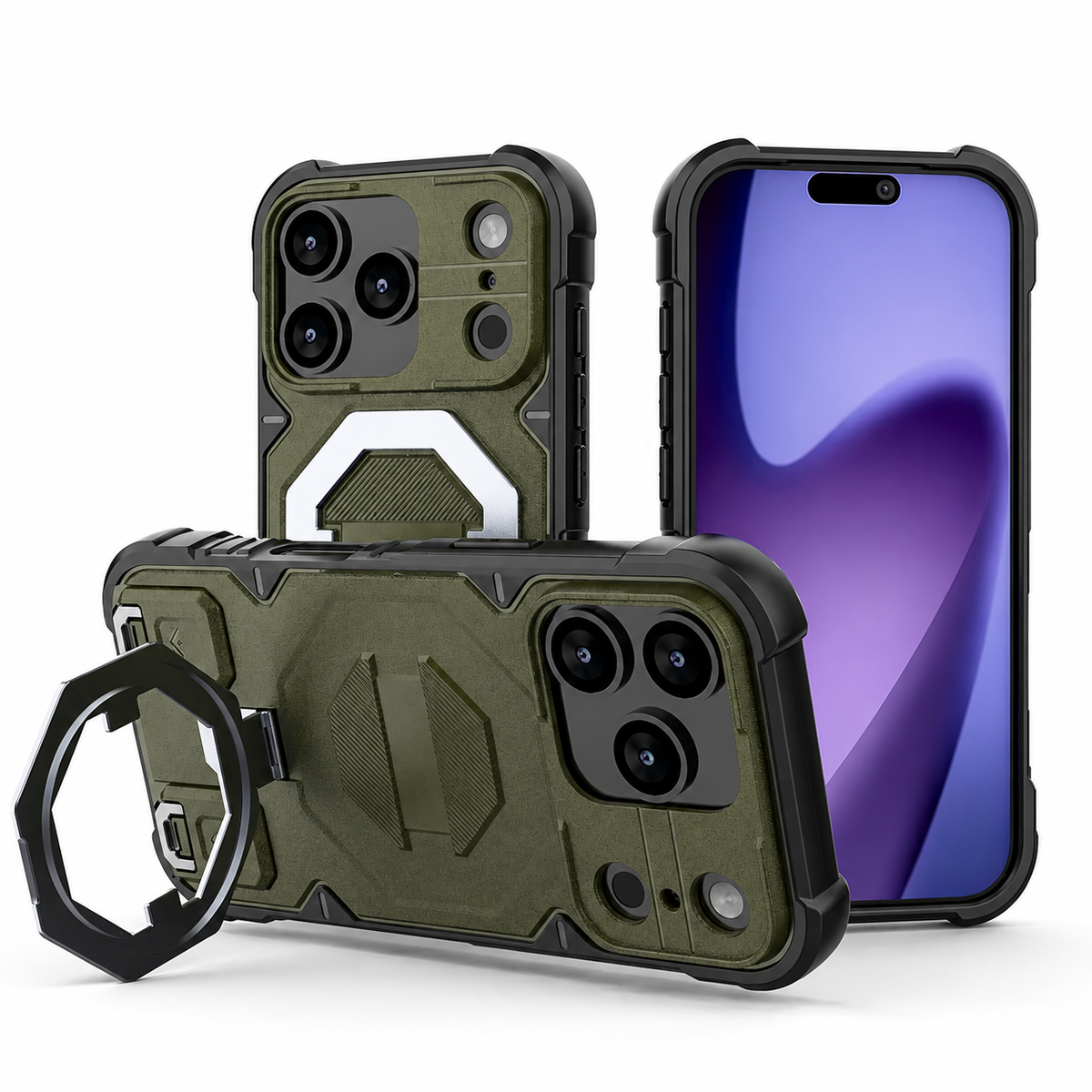 Premium iPhone Case Outdoor Armor Magnetic Metal Bracket Stand Shockproof PC Protective Cover Lanyard Non Slip Heavy Duty Reinforced Sports Bumper Case