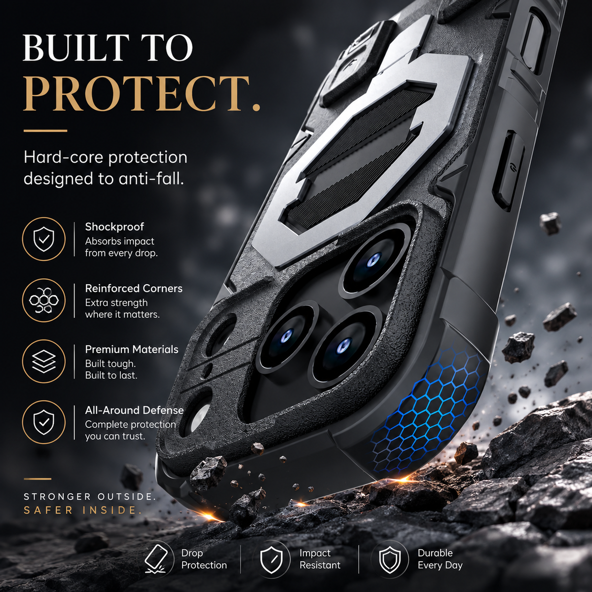 Premium iPhone Case Outdoor Armor Magnetic Metal Bracket Stand Shockproof PC Protective Cover Lanyard Non Slip Heavy Duty Reinforced Sports Bumper Case