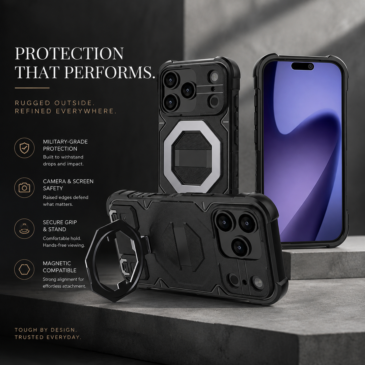 Premium iPhone Case Outdoor Armor Magnetic Metal Bracket Stand Shockproof PC Protective Cover Lanyard Non Slip Heavy Duty Reinforced Sports Bumper Case