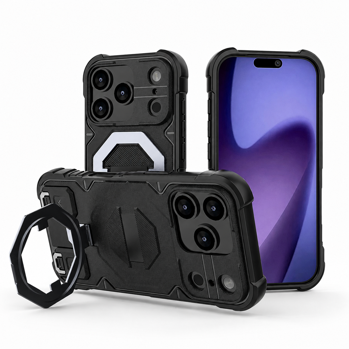 Premium iPhone Case Outdoor Armor Magnetic Metal Bracket Stand Shockproof PC Protective Cover Lanyard Non Slip Heavy Duty Reinforced Sports Bumper Case