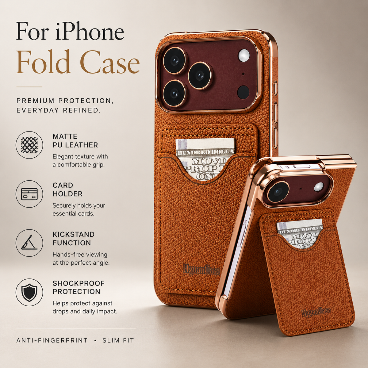 Premium iPhone Case PU Leather Foldable Stand Cover Shockproof Anti Scratch Matte Card Holder Protective Electroplated Frame Slim Full Coverage Secure
