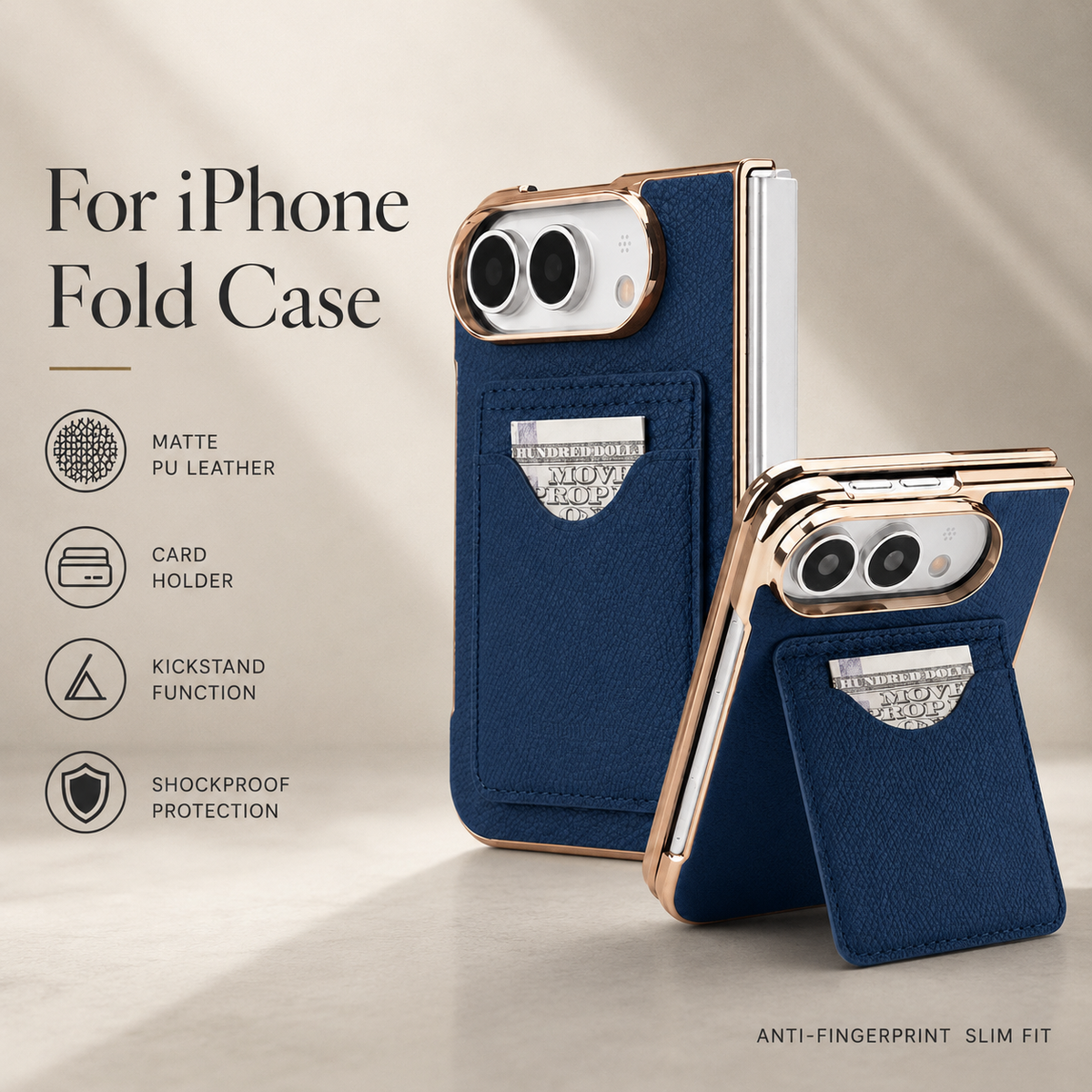 Premium iPhone Case PU Leather Foldable Stand Cover Shockproof Anti Scratch Matte Card Holder Protective Electroplated Frame Slim Full Coverage Secure